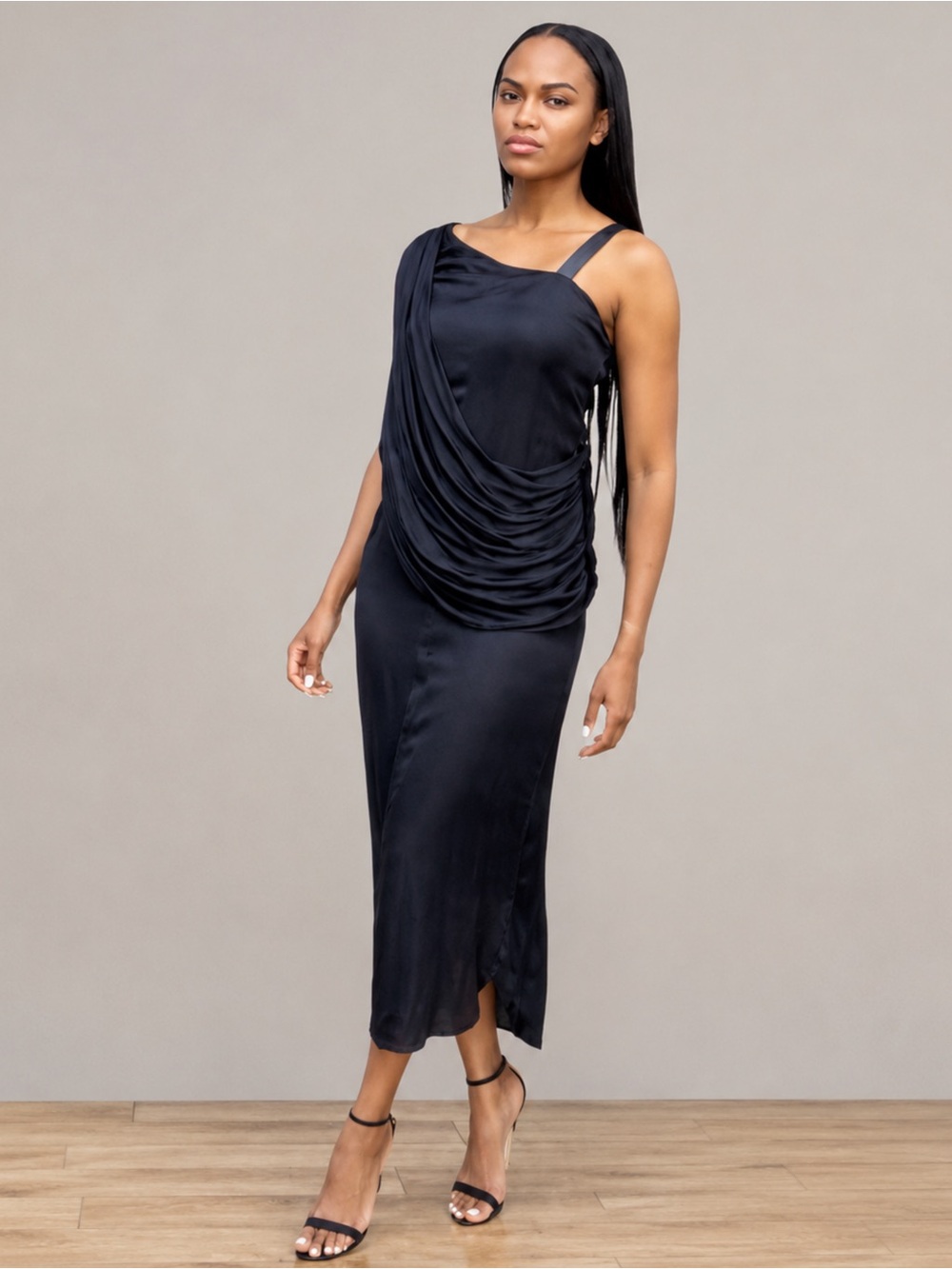 Nicholas K Black One-Shoulder Draped Satin Midi Dress